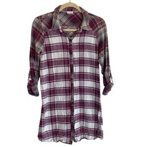 Hem & Thread Flannel Plaid Button Up Shirt Dress Burgundy Cream Women’s Medium